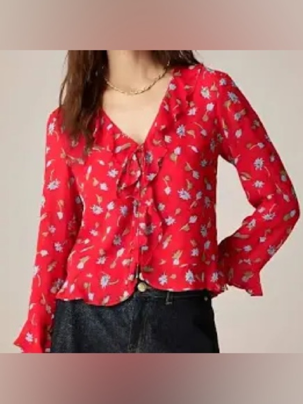 New J. Crew Red Floral Ruffle V-Neck Blouse tie-front top in chiffon 16